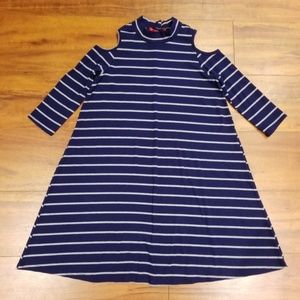 Long sleeve shoulder cutout blue & gray midi dress